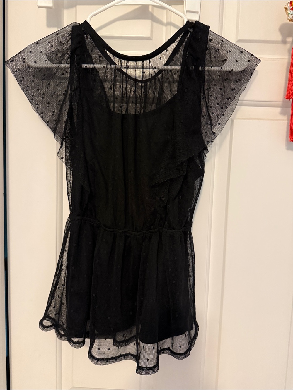 Monteau Black Sheer Dot Ruffle Waist Tunic